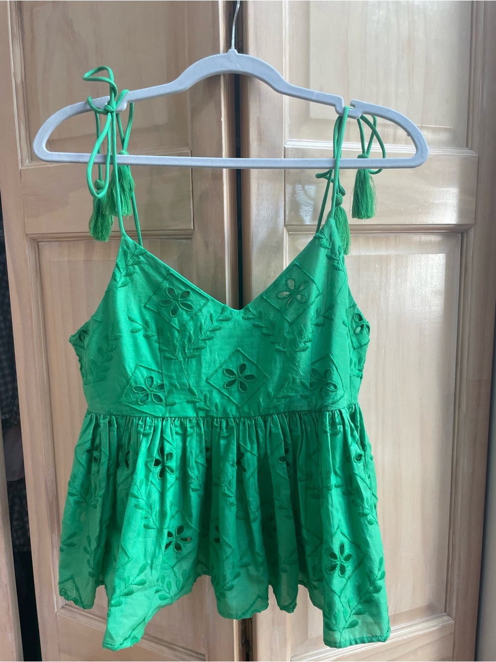H&M Green Embroidered Tie-Shoulder Peplum Camisole